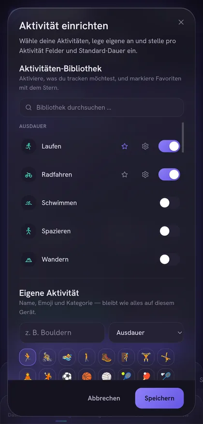 Einstellungen des Aktivitäts-Trackers mit der Aktivitäten-Bibliothek zum Aktivieren einzelner Sportarten.