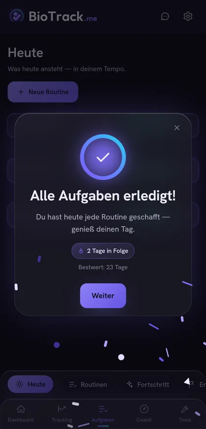 Feier-Bildschirm, wenn alle Aufgaben des Tages erledigt sind, mit Konfetti und Serienzähler.