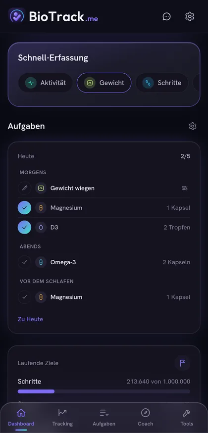 Dashboard mit Schnell-Erfassung für Aktivität, Gewicht und Schritte sowie der Aufgabenliste des Tages.