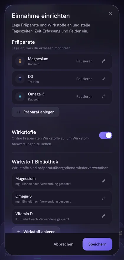 Einstellungen des Einnahme-Trackers mit Präparate-Liste und Wirkstoff-Bibliothek.