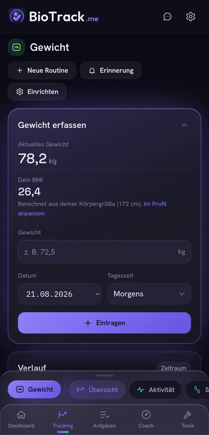 Der Gewichts-Tracker mit aktuellem Gewicht, BMI und Eingabeformular.