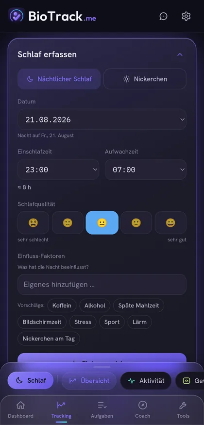 Der Schlaf-Tracker mit Ziel, Einschlaf- und Aufwachzeit sowie einer Schlafqualitäts-Skala.